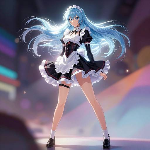 Digital anime drawing of a blue-haired maid with glowing hair, black and white frilled dress, thigh strap, and black shoes, standing confidently in a