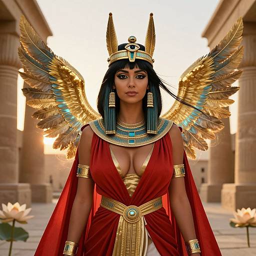 Digital art of a dark-skinned, Egyptian goddess with black hair, gold headpiece, red dress, and blue and gold feather wings, standing in