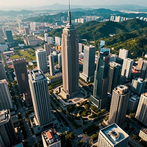 Aerial photograph of a cityscape featuring a tall, central skyscraper with a spire, surrounded by numerous high-rise buildings, green hills in the