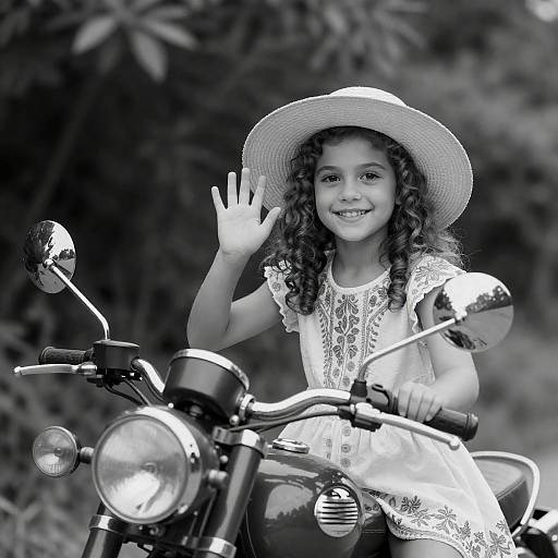 Young Girl on Vintage Motorcycle Waving