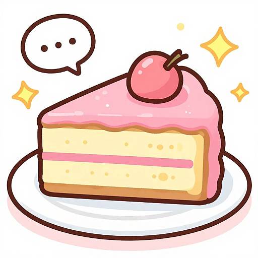 Digital drawing of a slice of pink cherry-topped cake with yellow and pink layers, on a white plate, featuring a speech bubble and sparkling effects.