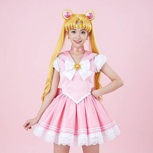 Photograph of a smiling woman in a detailed, pink Sailor Moon cosplay with blonde hair, headpiece, and white lace trim, standing against a plain