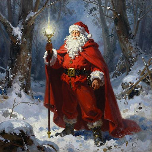 Painting of Santa Claus in a red cloak, holding a glowing lantern, standing in a snowy forest with bare trees.