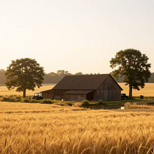 Photograph of a rustic wooden barn with a pitched roof, surrounded by golden wheat fields at sunset, flanked by two large trees.