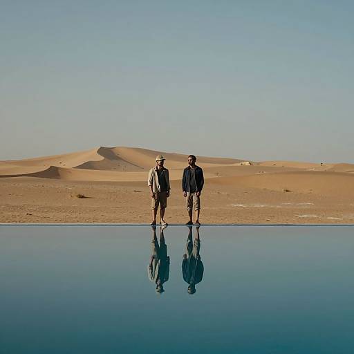 Photograph of two men standing in front of a mirror-like water pool in a desert with sand dunes, reflecting their images. Bright blue sky above
