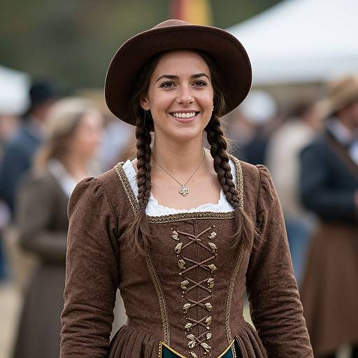 Photograph of a smiling woman with dark hair in braids, wearing a brown medieval-style dress and hat, set against a blurred outdoor market background.