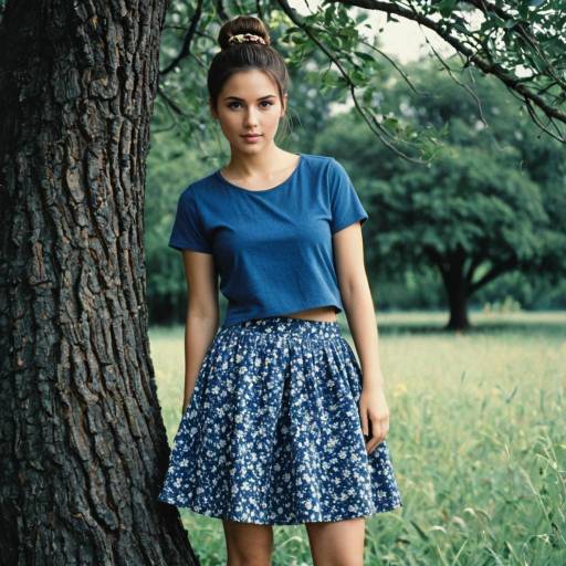 Young Woman in Blue Floral Skirt Outdoors
