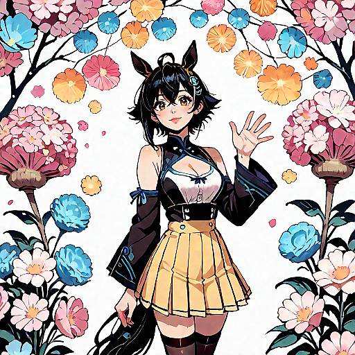 Anime-style girl with black hair, cat ears, black top, yellow skirt, and thigh-high socks, waving amid colorful flowers. Digital art.