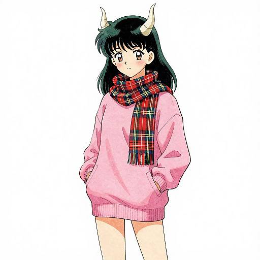 Anime-style drawing of a black-haired girl with small horns, wearing a pink oversized sweater, red plaid scarf, and no pants.