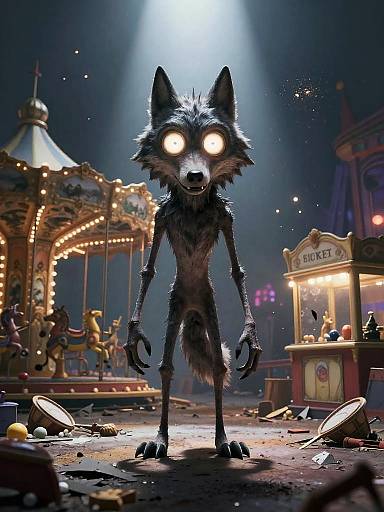 CGI image of a creepy, glowing-eyed, anthropomorphic wolf standing in a dark, abandoned carnival at night, with a lit carousel and snack stand