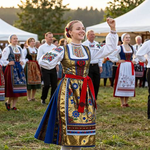 Photograph of a smiling young woman in traditional Eastern European folk dress, raising her arm, surrounded by other dressed villagers outdoors at sunset.