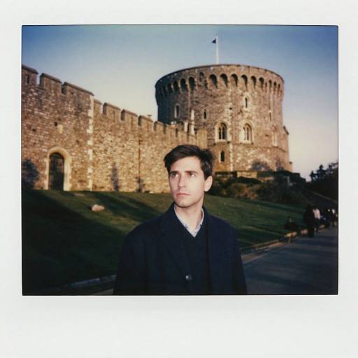Photograph of a young man with short brown hair, wearing a black coat, standing in front of a large, ancient stone castle with a round tower