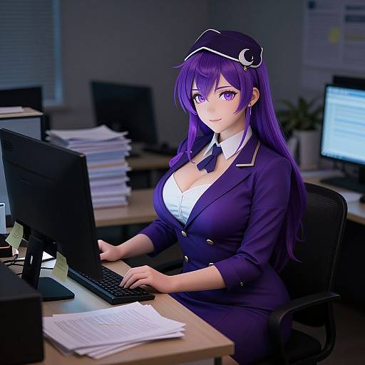 Digital anime-style artwork of a purple-haired woman in a navy blazer and tie, sitting at a desk with monitors, typing. Office background with stacks