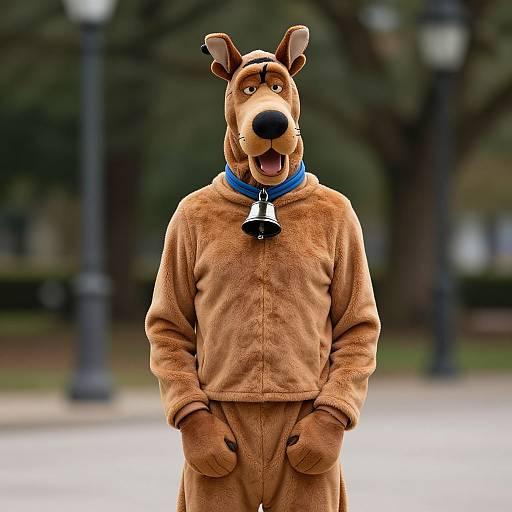 Photograph of a person in a full-body Scooby-Doo costume with a blue collar, standing outdoors with blurred trees and lampposts in
