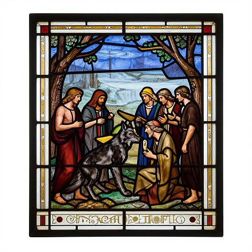 Vividly colored stained glass window depicting six medieval-style figures, including a wolf, surrounded by trees, with a mountainous background.