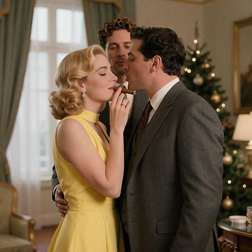 Man Kissing Woman Holding Cigar in Opulent Room