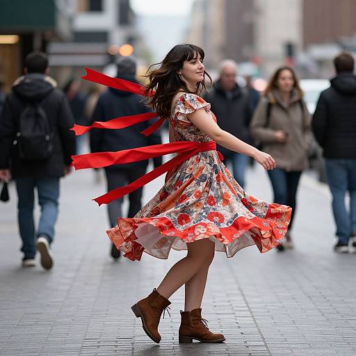 Photograph of a young woman with long brown hair, wearing a floral dress with red ribbons and brown boots, walking energetically on a bustling