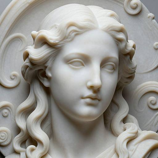Photograph of a detailed, white marble bust of a classical-style woman with flowing hair, calm expression, and intricate swirling background.