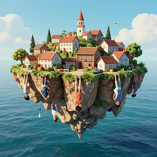 Digital artwork of a floating island with red-roofed houses, a church with a steeple, and lush greenery, suspended over a calm