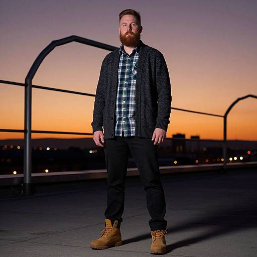 Photograph of a bearded man with a dark cardigan, plaid shirt, black pants, and tan boots, standing on a rooftop at sunset