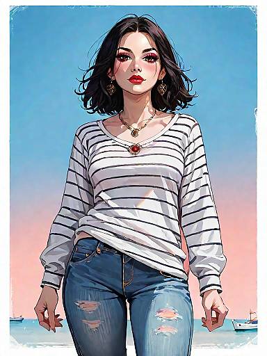 Realistic Comic Woman in Striped Sweater