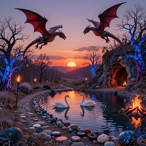 Fantasy sunset scene: two red dragons with outstretched wings, facing each other, over a serene pond with two white swans, surrounded by