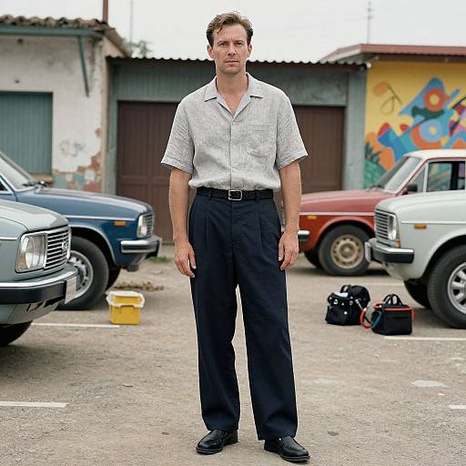 Photograph of a serious-looking man in a white short-sleeve shirt and black pants, standing in a parking lot with vintage cars and colorful graffiti