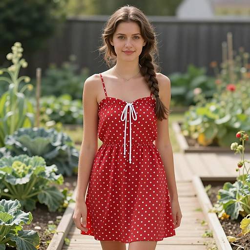 Young Woman in Polka Dot Garden Dress