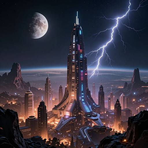 Digital art of a futuristic cityscape with a towering central skyscraper, illuminated by neon lights, under a moonlit sky with striking blue lightning bolts.