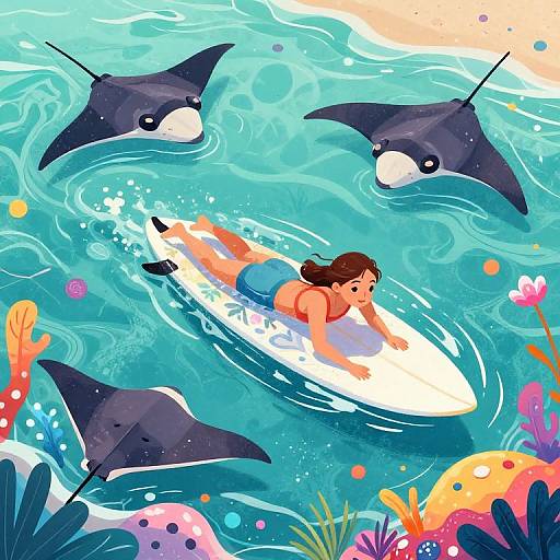 Digital illustration of a brown-haired woman in a red swimsuit surfing on a white board, surrounded by three black and white dolphins in a vibrant, turquoise