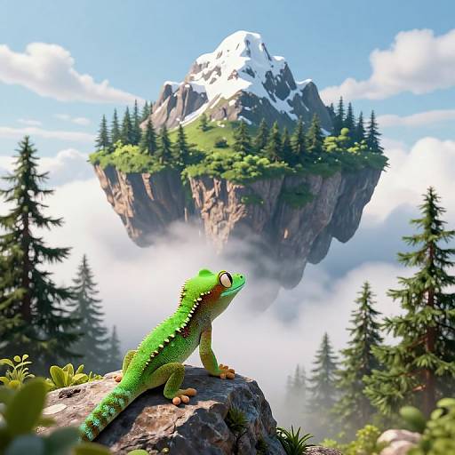 Whimsical Gecko and Floating Mountain
