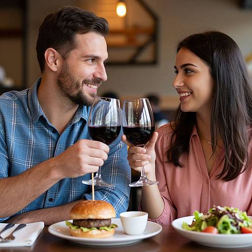 Photograph of a smiling couple with dark hair, holding wine glasses, sitting at a restaurant table with food and a burger.