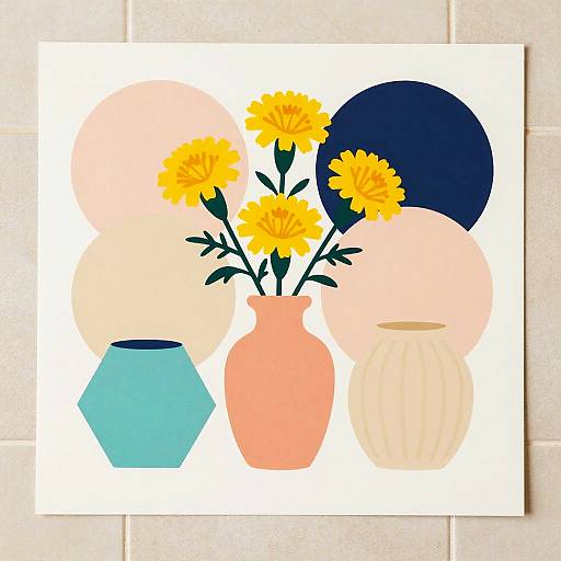 Modern Floral Screen Print with Geometric Vases
