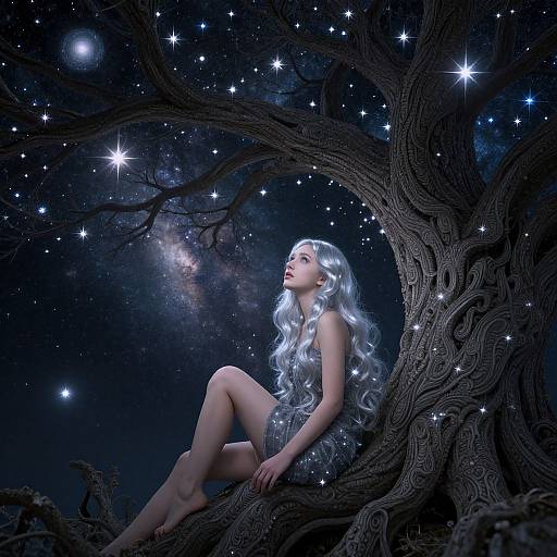 Photorealistic digital artwork of a silver-haired woman with glowing eyes, sitting in a twisted, starlit tree against a cosmic night sky.
