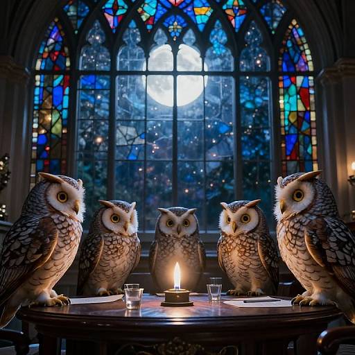 Photograph of four realistic owls with glowing eyes, sitting around a candlelit table in front of a stained glass window with a full moon.