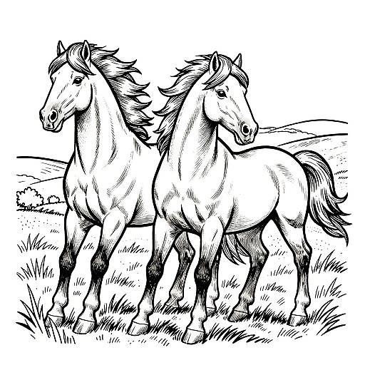 Woodblock Print Majestic Stallions