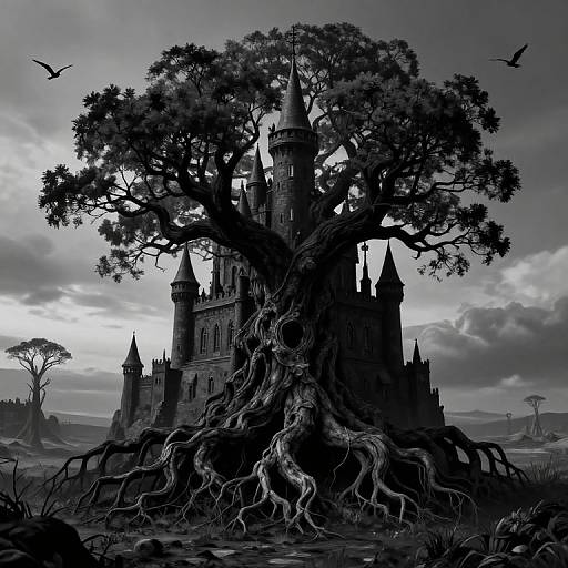 Monochromatic digital art of a dark, gothic castle nestled in the roots of a massive, twisted tree, with birds flying overhead.