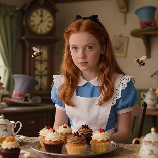 Photograph of a young red-haired girl in a blue and white Alice in Wonderland-style dress, surrounded by cupcakes and bees in a cozy, vintage kitchen