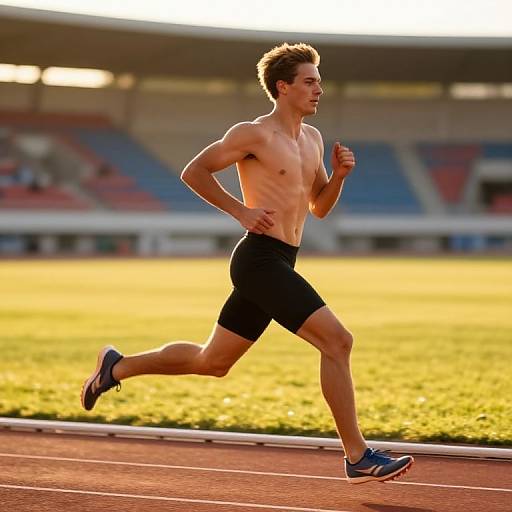 Photograph of a shirtless, muscular young man with short brown hair, running on a track in black shorts and blue sneakers. Sunlit stadium in