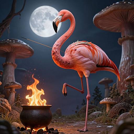Digital artwork of a flamingo with pink feathers, standing on one leg by a burning cauldron, under a full moon, surrounded by giant mushrooms