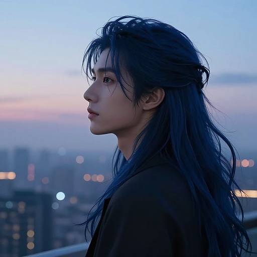Photograph of a young Asian woman with long, dark, wind-swept hair, side profile against a twilight cityscape with soft blue and pink