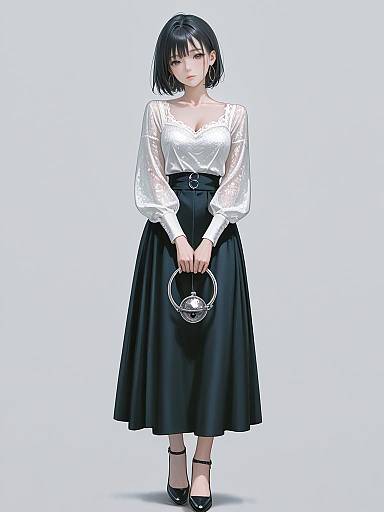 Digital anime-style drawing of a young woman with short black hair, wearing a white blouse, black high-waisted skirt, and black heels, holding