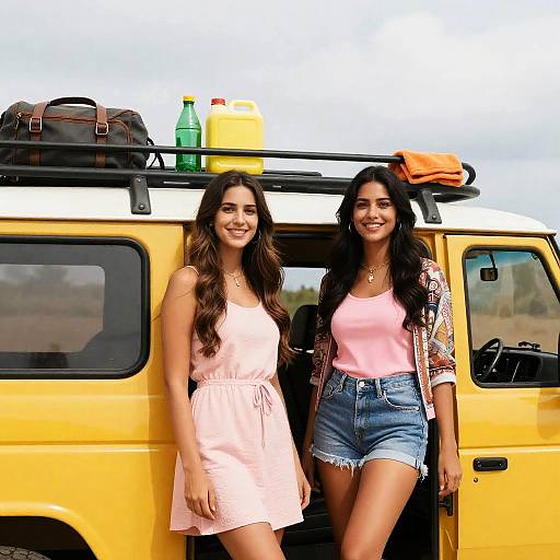 Two Friends by a Yellow Off-Road Vehicle