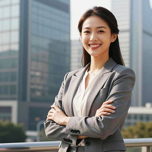 Photograph of a smiling Asian woman with long black hair, wearing a gray blazer over a white blouse, standing with arms crossed in front of modern