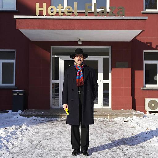 Man in Black Coat Standing Outside Hotel Flaza