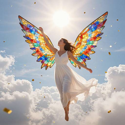 Photograph of a woman with colorful stained-glass wings, floating in the sky wearing a white flowing dress, sunlit background.