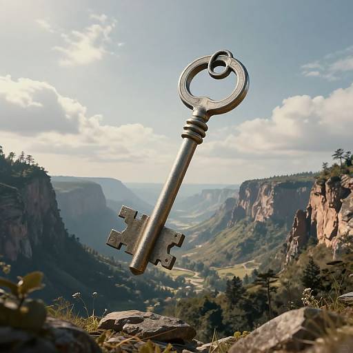 Photograph of a large, vintage silver key with a circular handle, set against a breathtaking, sunlit mountain valley landscape.