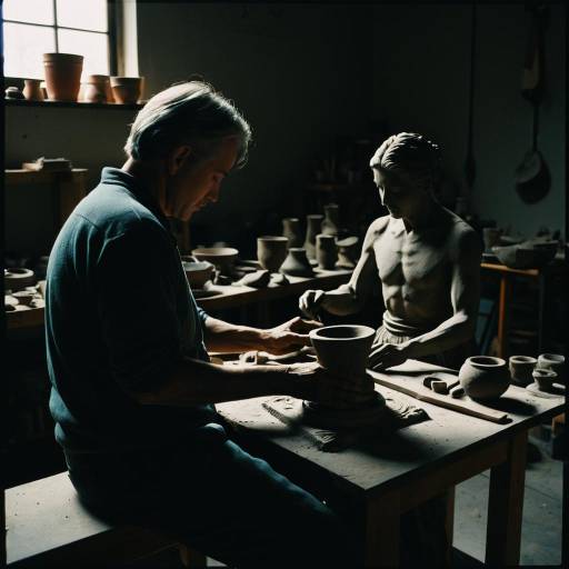 Emotive Sculptor in Shadowy Studio