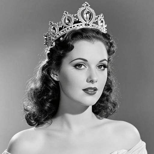 Black-and-white photograph of a fair-skinned, dark-haired woman with curled hair, wearing a sparkling tiara and off-shoulder dress, looking