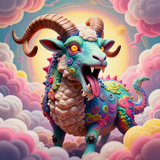 Vibrant digital artwork of a mythical, colorful goat with large horns, floral patterns, and a tongue out, standing in a sunlit, pink